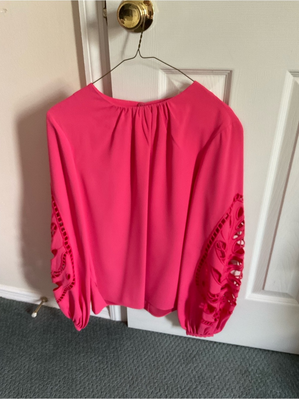 Reiss Fuchsia Long-Sleeve Blouse with Lace Cutout Sleeves